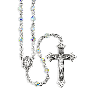 Sterling Silver Rosary Hand Made with finest Austrian Crystal 4mm Aurora Borealis Faceted Beads