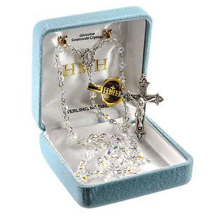 Sterling Silver Rosary Hand Made with finest Austrian Crystal 4mm Aurora Borealis Faceted Beads