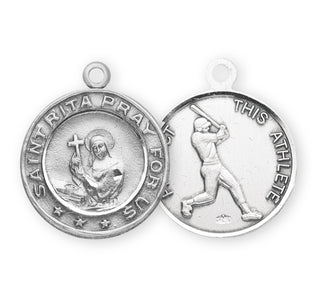 15/16-inch Sterling Silver St. Rita/Baseball Medal with 24-inch Chain and Box