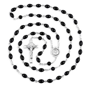 All Sterling Silver Oval Black Cocoa Rosary with Miraculous Center and Crucifix Boxed - Engravable