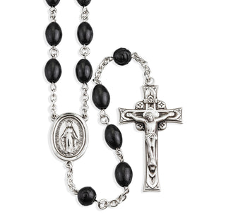 All Sterling Silver Oval Black Cocoa Rosary With Miraculous Center And Crucifix Boxed Engravable
