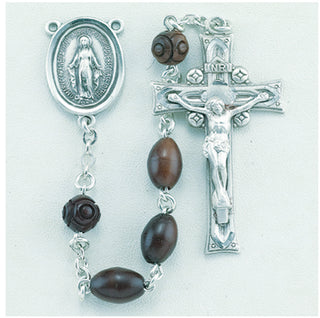 Sterling Silver Oval Maroon Cocoa Rosary | Miraculous Center and Crucifix - Engravable