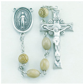 Sterling Silver Oval Natural Wood Cocoa Rosary | Miraculous Center and Crucifix - Engravable
