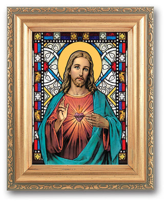 Sacred Heart Stain Glass Art 4X6" In 5X7 Gold Frame