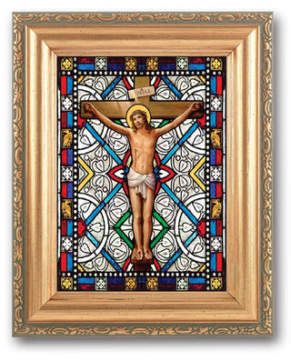 The Crucifixion Stain Glass Art 4X6" In 5X7 Gold Frame