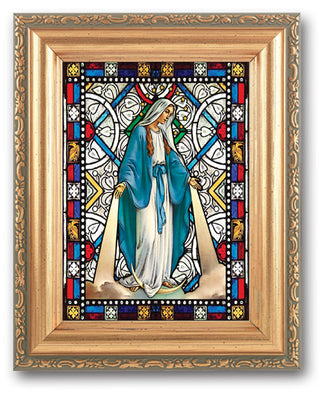 Our Lady Of Grace Stain Glass Art 4X6" In 5X7 Gold Frame