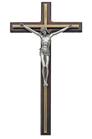 Wood Crucifix with Pewter Style Corpus/Gold Color Trim 10.5"