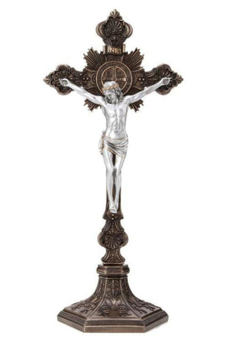 Standing Saint Benedict Crucifix Cold Cast Bronze/Pewter Style 17"/15.5"