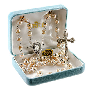 8mm Light Rose Faux Pearl Rosary - Engravable