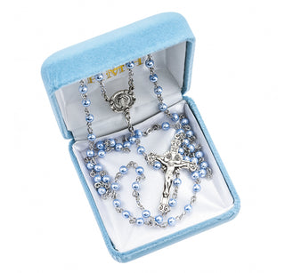 Blue Finest Austrian Crystal Pearl Rosary - Engravable