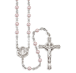 Pink Finest Austrian Crystal Pearl Rosary Engravable
