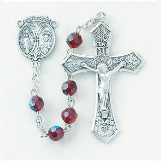 Tin Cut Ruby Aurora Crystal Rosary - Engravable