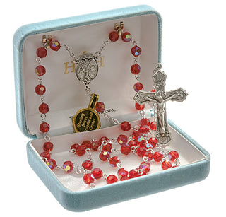 Tin Cut Ruby Aurora Crystal Rosary - Engravable
