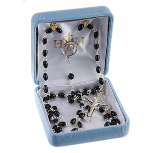 Black Oval Genuine Cocoa Rosary - Engravable