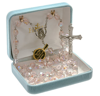 Tin Cut Czech Light Rose Crystal Rosary - Engravable