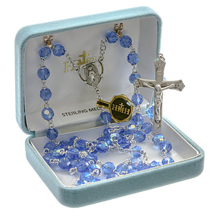 Tin Cut Czech Light Sapphire Crystal Rosary - Engravable