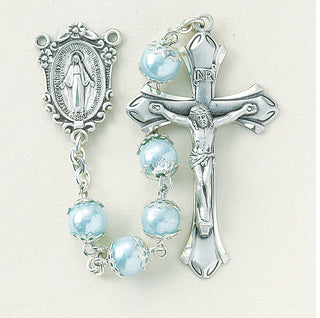 Light Blue Faux Pearl Double Capped Rosary - Engravable