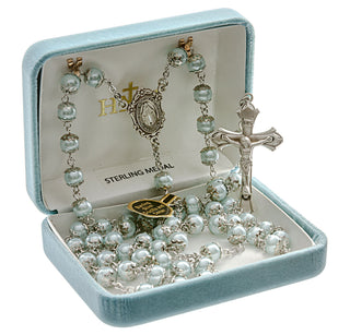Light Blue Faux Pearl Double Capped Rosary - Engravable