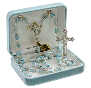 Aqua Oval Painted Italian Wood Rosary - Engravable