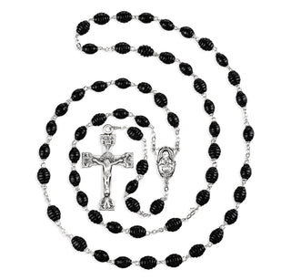 Black Oval Carved Wood Rosary/Boxed - Engravable