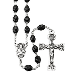 Black Oval Carved Wood Rosary Boxed Engravable