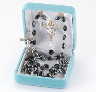 Jet Black Oval Finest Austrian Crystal Rosary - Engravable
