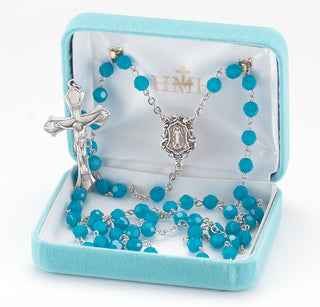 6mm Round Blue Opal Finest Austrian Crystal Rosary - Engravable