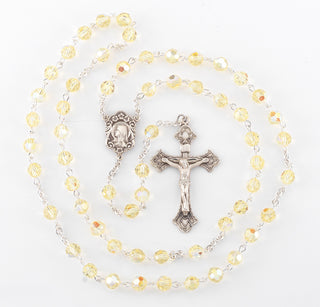 Rosary Sterling Crucifix and Centerpiece with finest Austrian Crystal 6mm Faceted Round Jonquil Beads
