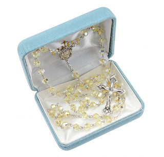 Rosary Sterling Crucifix and Centerpiece with finest Austrian Crystal 6mm Faceted Round Jonquil Beads