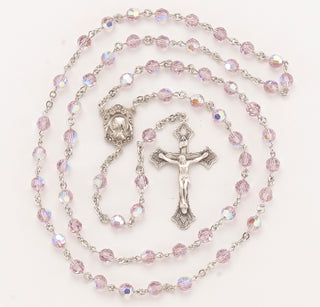 Rosary Sterling Crucifix and Centerpiece with finest Austrian Crystal 6mm Faceted Round Light Amethyst Beads