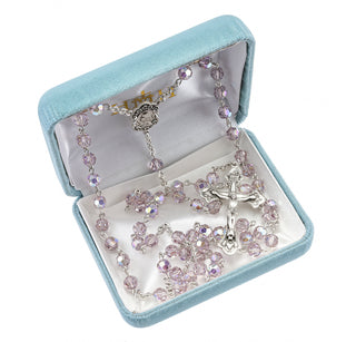 Rosary Sterling Crucifix and Centerpiece with finest Austrian Crystal 6mm Faceted Round Light Amethyst Beads