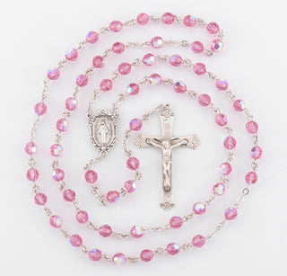 Rosary Sterling Crucifix and Centerpiece with finest Austrian Crystal 6mm Faceted Round Pink Beads