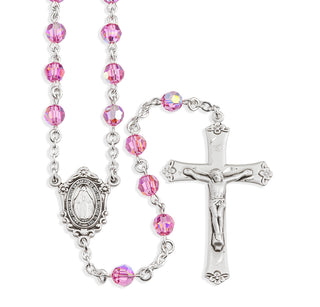 Rosary Sterling Crucifix and Centerpiece Created with finest Austrian Crystal 6mm Faceted Round Pink Beads
