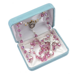 Rosary Sterling Crucifix and Centerpiece with finest Austrian Crystal 6mm Faceted Round Pink Beads