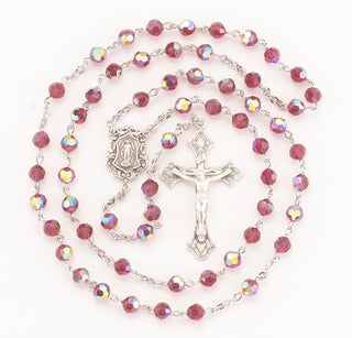 Rosary Sterling Crucifix and Centerpiece with finest Austrian Crystal 6mm Faceted Round Ruby Beads