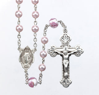 Rosary Sterling Crucifix and Centerpiece Created with finest Austrian Crystal 4mm Round Pearl Beads in Pink