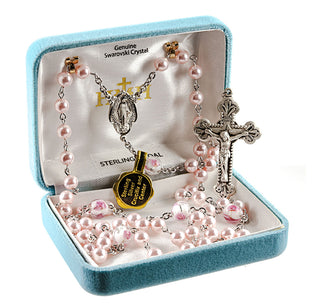 Rosary Sterling Crucifix and Centerpiece with finest Austrian Crystal 4mm Round Pearl Beads in Pink