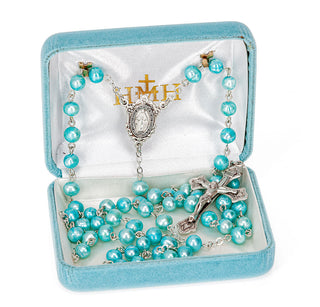 Blue Freshwater Pearl Rosary - Engravable