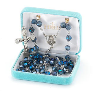 Metallic Sapphire Tin Cut Crystal Rosary - Engravable