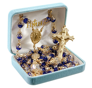 8mm Cobalt Blue Faceted Glass Bead Rosary with 12mm Double Capped O.F. Beads a Solid Brass Crucifix and Center