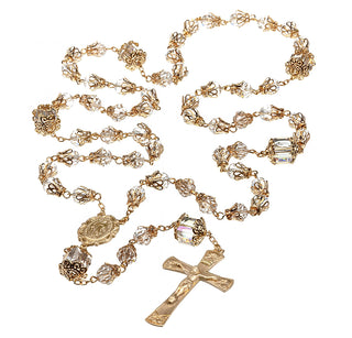 8mm Crystal Faceted Glass Bead Rosary with 12mm Double Capped O.F. Beads a Solid Brass Crucifix and Center