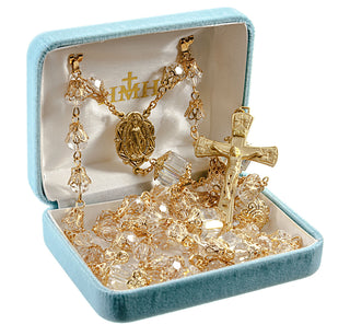 8mm Crystal Faceted Glass Bead Rosary with 12mm Double Capped O.F. Beads a Solid Brass Crucifix and Center