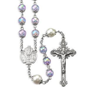 8mm Light Amethyst Glass Shimmer Beads with 10mm O.F. Beads. Pewter Crucifix and Center