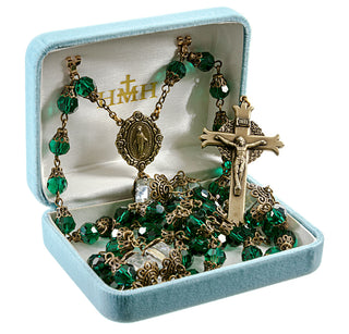 8mm Emerald Green Faceted Glass Beads with Antique Brass Bend Caps Crucifix and Centerpiece