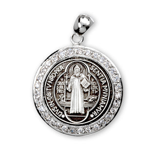 Saint Benedict Round Sterling Silver Medal with Cubic Zirconia's "CZ's"