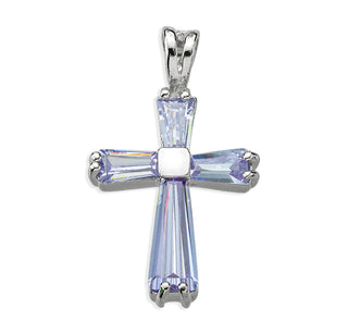 15/16-inch Sterling Silver Cross with Light Sapphire Zircons 18-inch Chain