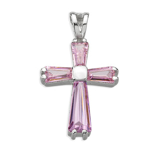 15/16-inch Sterling Silver Cross with Pink Zircons 18-inch Chain