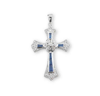 Sterling Silver Cubic Zircon and Sapphire Cross with 18-inch Rhodium Plated Chain