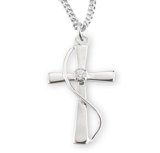 Sterling Silver Single Set Crystal Zircon Cross with 18-inch Rhodium Plated Chain
