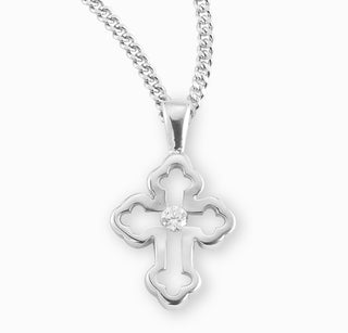 Sterling Silver Single Set Crystal Zircon Cross with 18-inch Rhodium Plated Chain